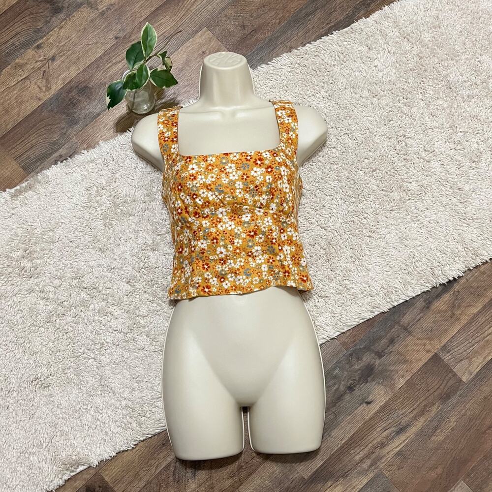 Reformation Size 0 Mustard Yellow Floral 100% Linen Square Neck Ginnie Tank Top